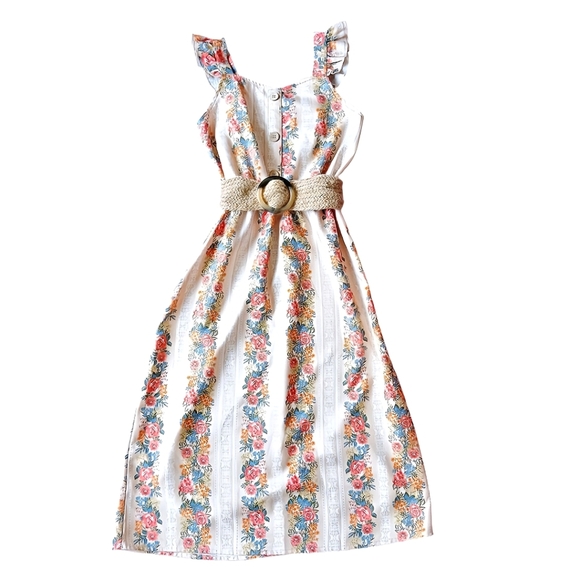 Lily Bleu Tan Floral Belted Midi Dress Girls 12 Women's XS - Picture 1 of 6
